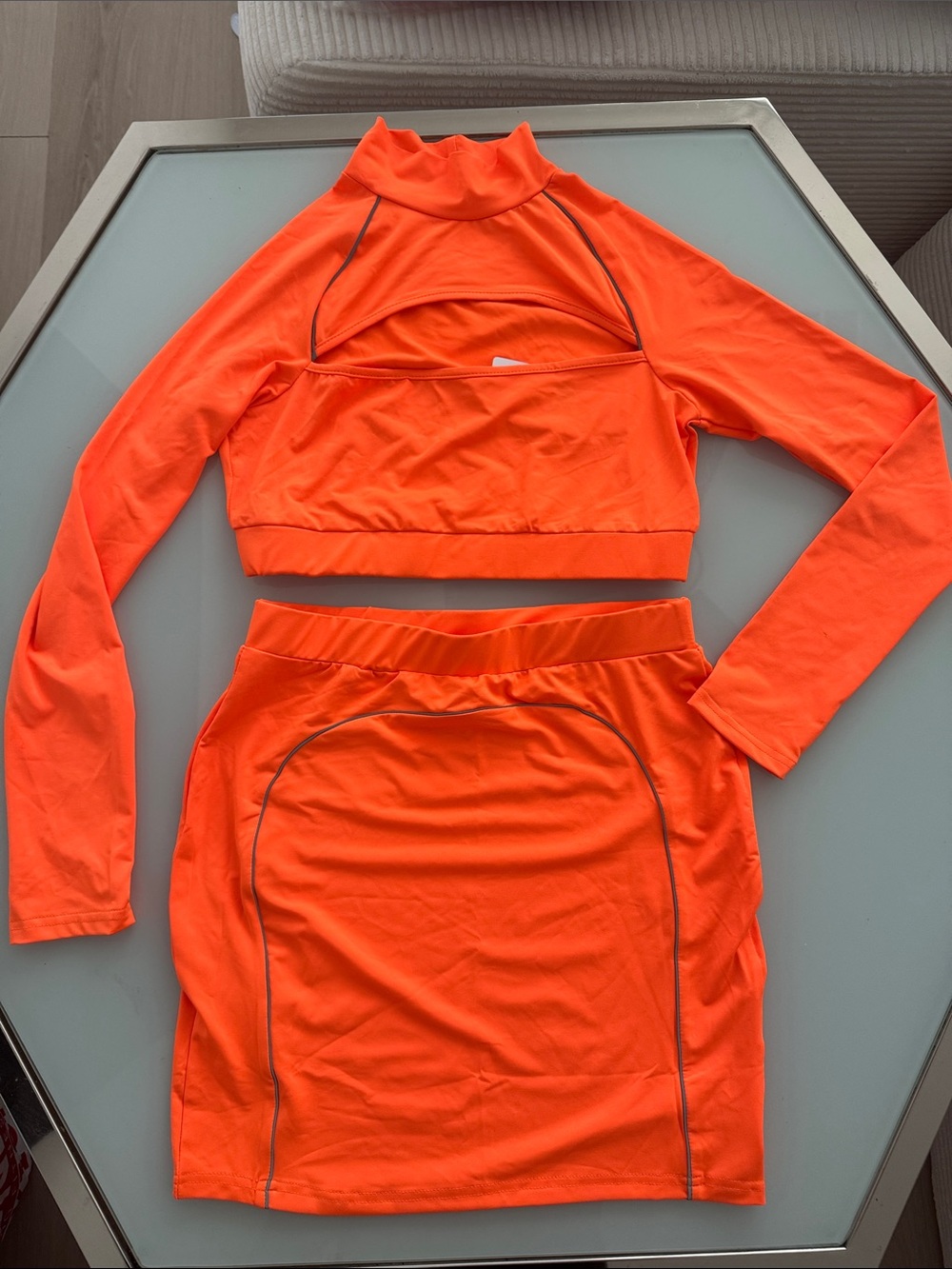 Neon Orange Two-Piece Crop Top & Skirt Set